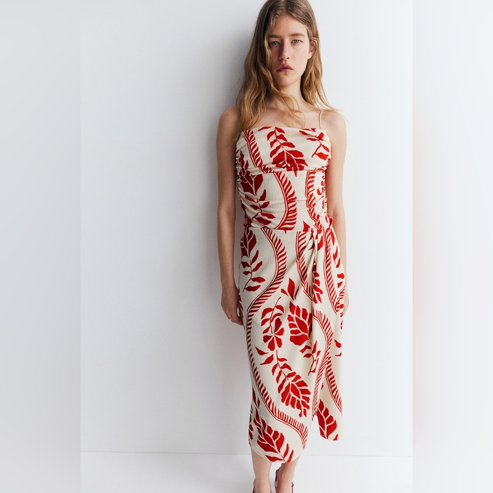 H&M Leaf Print Faux Wrap Red And Cream Midi Skirt Comfortable With Stretch